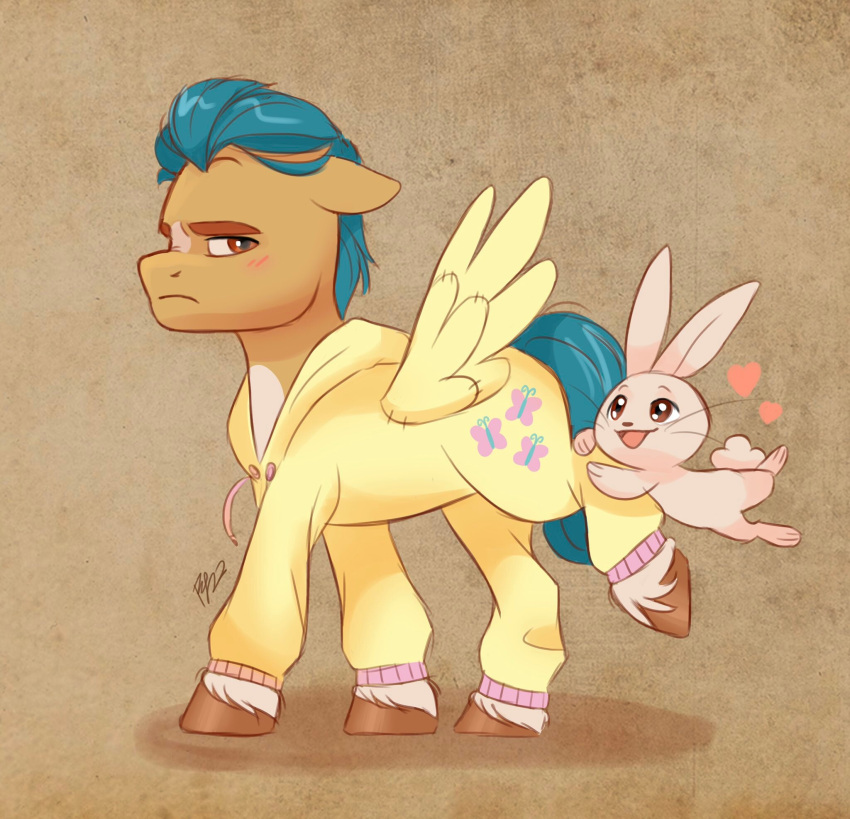 &lt;3 2022 artharuhi blue_hair blue_tail blush brown_eyes clothing cosplay cutie_mark ears_down earth_pony equid equine eyebrows feral fluttershy_(mlp) friendship_is_magic hair happy hasbro hi_res hitch_trailblazer_(mlp) hooves horse lagomorph leporid male mammal mlp_g5 my_little_pony pajamas pivoted_ears pony rabbit signature stitch_(sewing) tan_body unimpressed walking