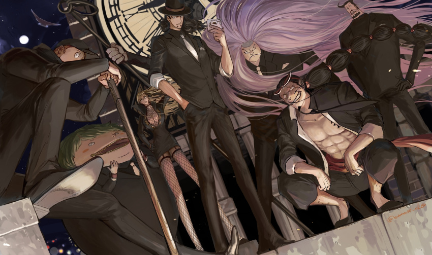 1girl 6+boys abs absurdly_long_hair arm_rest arm_up baseball_cap beard black_dress black_jacket black_pants black_shirt blonde_hair blueno blush_stickers breast_pocket breasts casual_suit chest_tattoo cleavage clock clock_tower collared_shirt cp9 dress dutch_angle evil_grin evil_smile eyewear_on_head facial_hair fishnet_legwear fishnets floating_hair formal fukurou_(one_piece) full_moon garter_straps gloves green_hair grin hand_in_pocket hand_on_hip hands_on_hips hands_up hat highres jacket jyabura kaku_(one_piece) kalifa knee_up kumadori large_breasts leaning_forward legs_apart long_hair long_sleeves looking_at_viewer low_neckline male_focus moon multiple_boys muscular muscular_male mustache necktie night night_sky one_piece open_clothes open_jacket open_mouth orange_hair outdoors pants pectorals pocket purple_hair rob_lucci scabbard sheath sheathed shirt shoe_soles shoes short_dress short_hair sitting sky sleeves_past_fingers sleeves_past_wrists smile spread_legs squatting standing star_(sky) starry_sky stomach suit suit_jacket sunglasses sutaneko sword tattoo thighhighs top_hat tower v-shaped_eyebrows very_long_hair weapon white_necktie wind wing_collar zipper_pull_tab