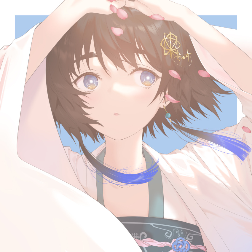 1girl alternate_costume alternate_headwear black_hair blue_background blue_eyes cherry_blossoms earrings falling_petals hair_ornament highres jewelry looking_afar marsirome open_mouth petals portrait shiina_mayuri short_hair simple_background solo steins;gate wind