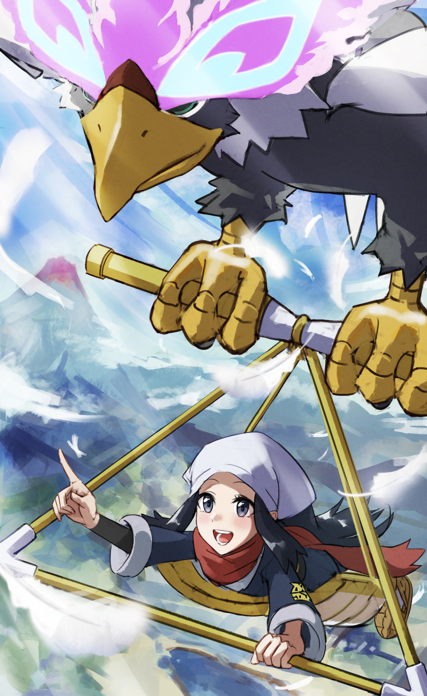 1girl :d absurdres akari_(pokemon) black_hair black_shirt blush brown_footwear commentary_request eyelashes gliding grey_eyes grey_jacket head_scarf highres hisuian_braviary jacket logo long_hair mikazuki_(onetree4221) mountain open_mouth outdoors pointing pokemon pokemon_(creature) pokemon_(game) pokemon_legends:_arceus ponytail red_scarf scarf shirt shoes sidelocks smile teeth tongue white_headwear