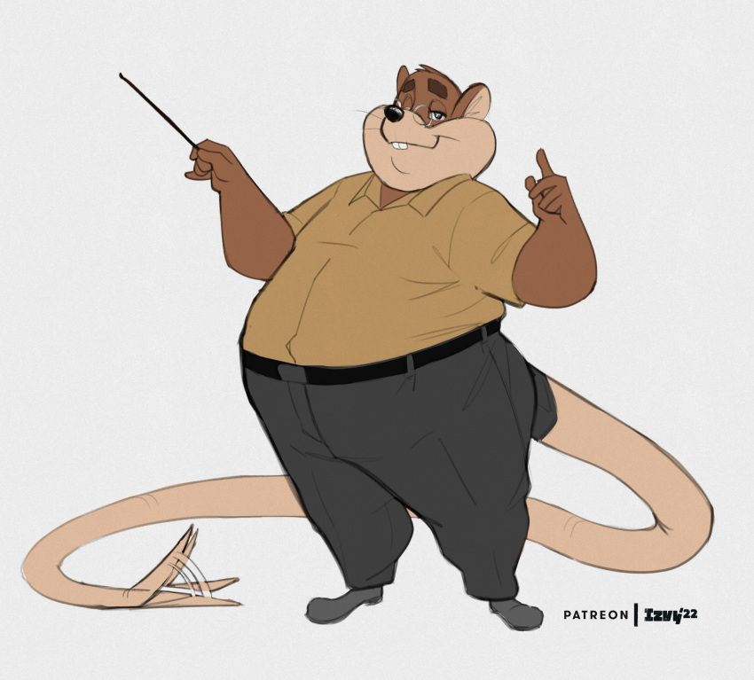 2022 anthro belly black_nose bottomwear brown_body clothing eyewear glasses hi_res humanoid_hands izvy_(artist) male mammal mr._plagait murid murine pants rat rodent shirt simple_background solo topwear