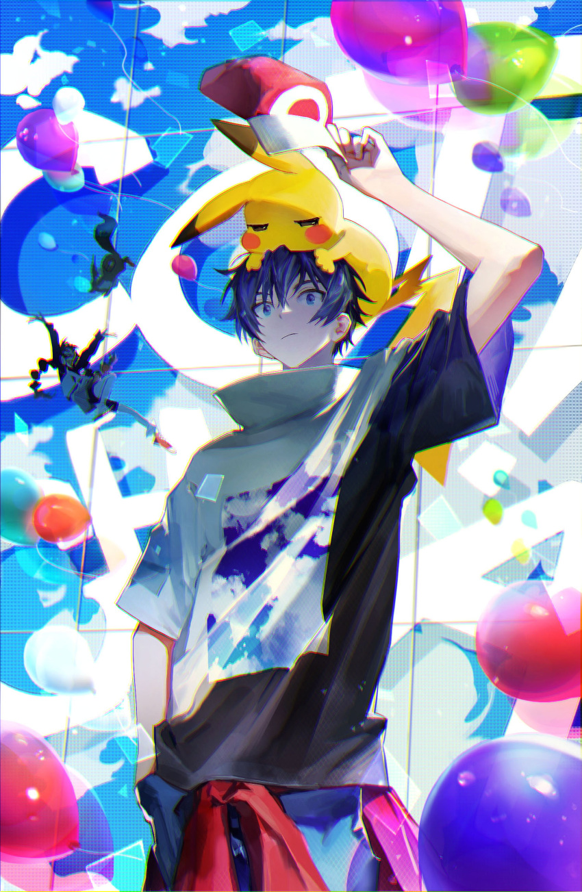 1boy 1girl arm_up balloon bangs baseball_cap blue_eyes blue_hair blue_pants closed_mouth commentary copyright_name eevee et_atr3 gotcha! gotcha!_boy_(pokemon) gotcha!_girl_(pokemon) hair_between_eyes hand_on_hip hat highres holding holding_clothes holding_hat on_head pants pikachu pokemon pokemon_(creature) pokemon_on_head red_headwear shirt short_hair short_sleeves