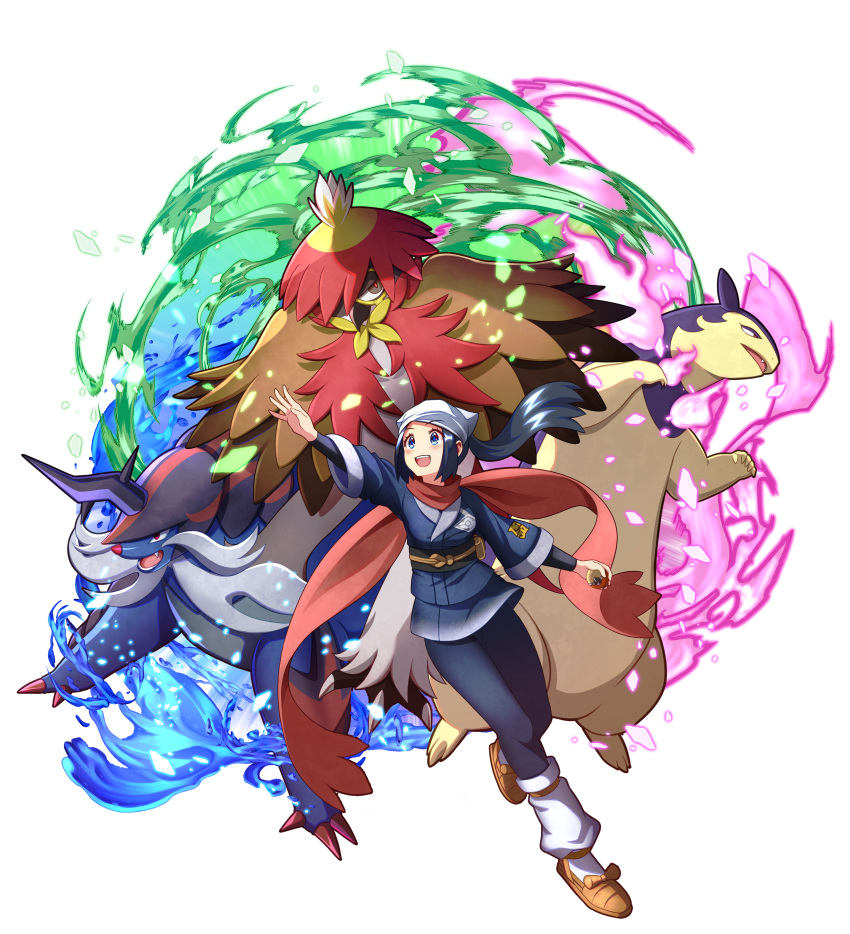 1girl :d absurdres akari_(pokemon) black_hair black_legwear black_shirt blue_eyes blush brown_footwear commentary_request eyelashes floating_hair floating_scarf grey_jacket grey_skirt head_scarf highres hisuian_decidueye hisuian_samurott hisuian_typhlosion jacket long_hair loose_socks open_mouth pantyhose pokemon pokemon_(creature) pokemon_(game) pokemon_legends:_arceus ponytail red_scarf scarf shirt shoes sidelocks skirt smile teeth upper_teeth white_headwear white_legwear z.nov