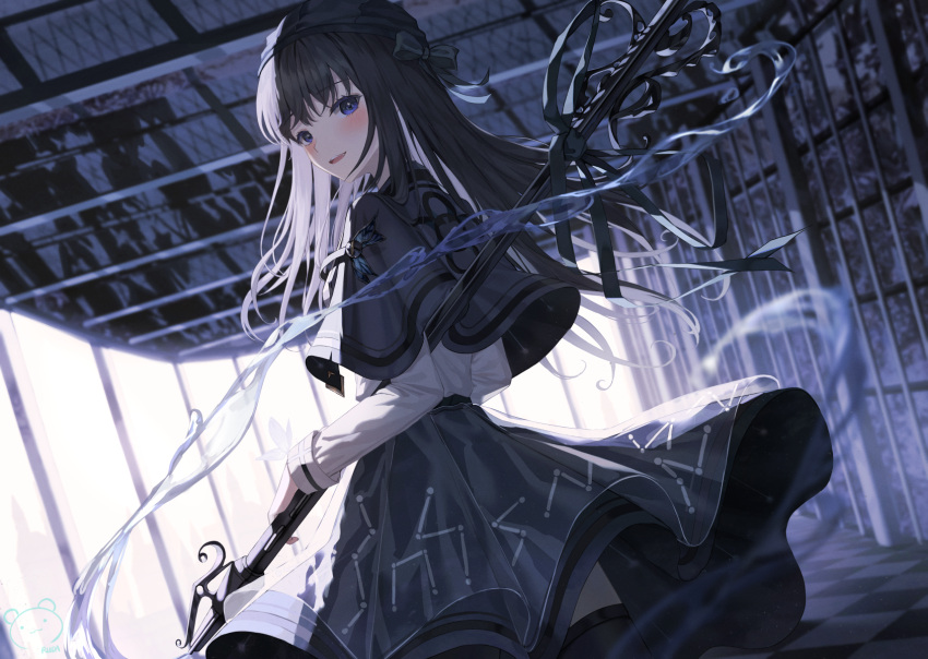 1girl :d bangs black_bow black_capelet black_hair black_headwear black_legwear black_skirt blue_eyes blurry blurry_background blush bow capelet commentary_request depth_of_field eyebrows_visible_through_hair hair_bow hat highres holding indoors long_hair long_sleeves looking_at_viewer looking_back original ruda_(ruda_e) shirt skirt smile solo thighhighs very_long_hair white_shirt
