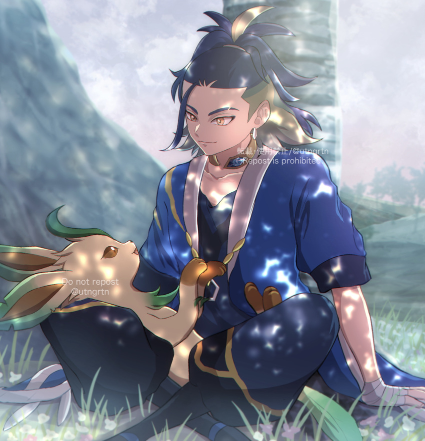 1boy adaman_(pokemon) against_tree arm_support black_robe blue_coat blue_hair closed_mouth coat collar collarbone commentary_request day earrings eyebrow_cut fuyu_(utngrtn) grass green_hair highres jewelry leafeon looking_down male_focus multicolored_hair on_lap orange_eyes outdoors pokemon pokemon_(creature) pokemon_(game) pokemon_legends:_arceus pokemon_on_lap sitting smile tree watermark