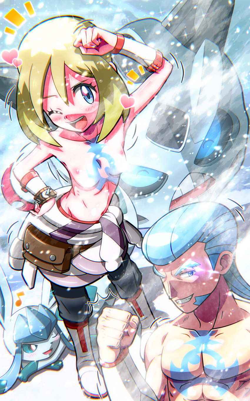 1boy 1girl ;d abs absurdres arm_up bangs black_pants blonde_hair blue_eyes blue_hair blush boots breasts clenched_hand commentary_request eyelashes gaeric_(pokemon) glaceon glalie grin hair_between_eyes hand_on_hip hand_up highres irida_(pokemon) medium_hair muscular muscular_male musical_note one_eye_closed open_mouth pants pectorals pokemon pokemon_(game) pokemon_legends:_arceus rorretsim smile standing teeth tongue topless topless_male upper_teeth white_footwear wristband