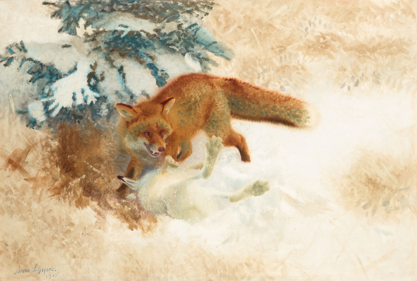 1915 20th_century absurd_res ambiguous_gender ancient_art bruno_liljefors canid canine death duo feral fluffy fluffy_tail fox fur hare hi_res lagomorph leporid mammal oil_painting_(artwork) orange_body orange_fur outside painting_(artwork) plant predator/prey public_domain quadruped red_fox signature snow spruce traditional_media_(artwork) tree white_body white_fur