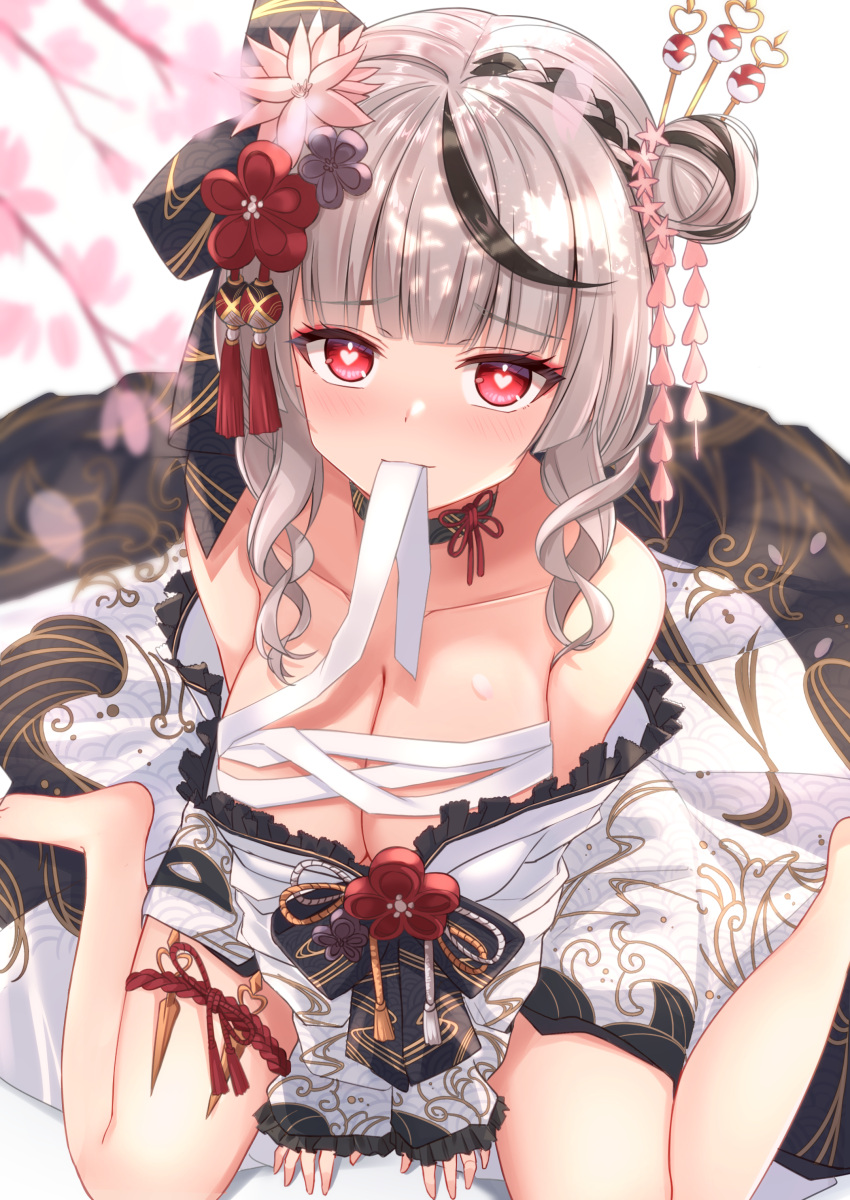 1girl absurdres bangs bare_shoulders black_choker black_hair blunt_bangs blush braid breasts cherry_blossoms chest_sarashi choker cleavage collarbone dagger eyebrows_visible_through_hair flower from_above grey_hair hair_bun hair_flower hair_ornament hair_stick heart heart-shaped_pupils heckler_kai highres hololive japanese_clothes kimono knife large_breasts looking_at_viewer looking_up mouth_hold multicolored_hair off_shoulder official_alternate_costume raised_eyebrows sakamata_chloe sarashi sitting solo streaked_hair symbol-shaped_pupils tassel tassel_hair_ornament thigh_strap virtual_youtuber wariza weapon