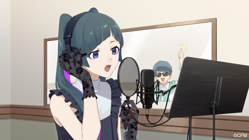 1boy 1girl :d ^^^ absurdres bangs black_dress black_gloves blue_eyes blue_hair commentary_request deco27 diagonal_bangs dress frilled_gloves frills gloves hand_on_headphones hands_up hatsune_miku headphones highres indoors jewelry lace lace_gloves microphone music open_mouth parasite_(vocaloid) purple_hair recording_studio ring rozu_ki sidelocks singing sleeveless sleeveless_dress smile sunglasses thumbs_up upper_body vocaloid window