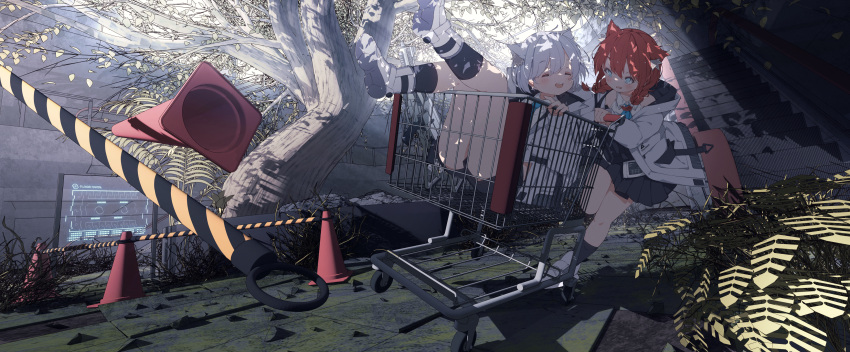 2girls absurdres animal_ear_fluff animal_ears bangs bare_shoulders black_legwear black_shorts black_skirt blouse blue_eyes blue_necktie blush braid closed_eyes collared_blouse day escalator full_body grey_hair gun hair_between_eyes highres hoji_(hooooooooji1029) hood hood_down hooded_jacket jacket kneehighs leg_up legs_up lower_teeth machine_gun medium_hair miniskirt multiple_girls necktie open_clothes open_jacket open_mouth original plant pleated_skirt red_hair rubble ruins running scenery shoes shopping_cart short_hair short_shorts shorts sitting skirt sleeveless_blouse teeth traffic_cone tree twin_braids upper_teeth weapon white_blouse white_jacket white_legwear