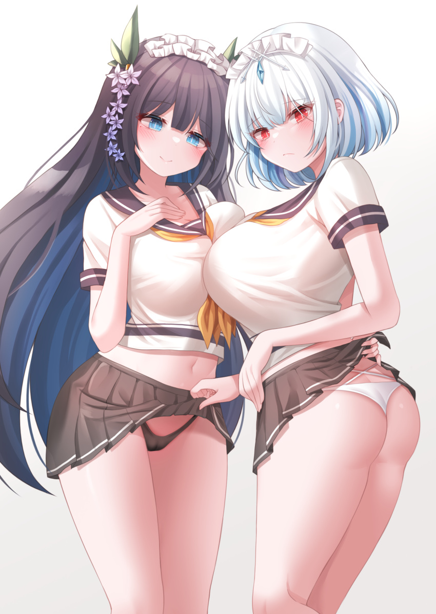 2girls absurdres ass bangs black_hair black_panties black_sailor_collar black_skirt blue_eyes blue_hair breasts cameltoe closed_mouth clothes_lift colored_inner_hair commission eyebrows_visible_through_hair flower frown gradient gradient_background hair_between_eyes hair_flower hair_ornament highres honyang korean_commentary large_breasts last_origin lifted_by_another long_hair maid_headdress midriff_peek multicolored_hair multiple_girls navel oberonia_rhea panties pleated_skirt red_eyes sailor_collar school_uniform serafuku shirt short_hair simple_background skirt skirt_lift smile standing titania_frost underwear white_background white_panties white_shirt
