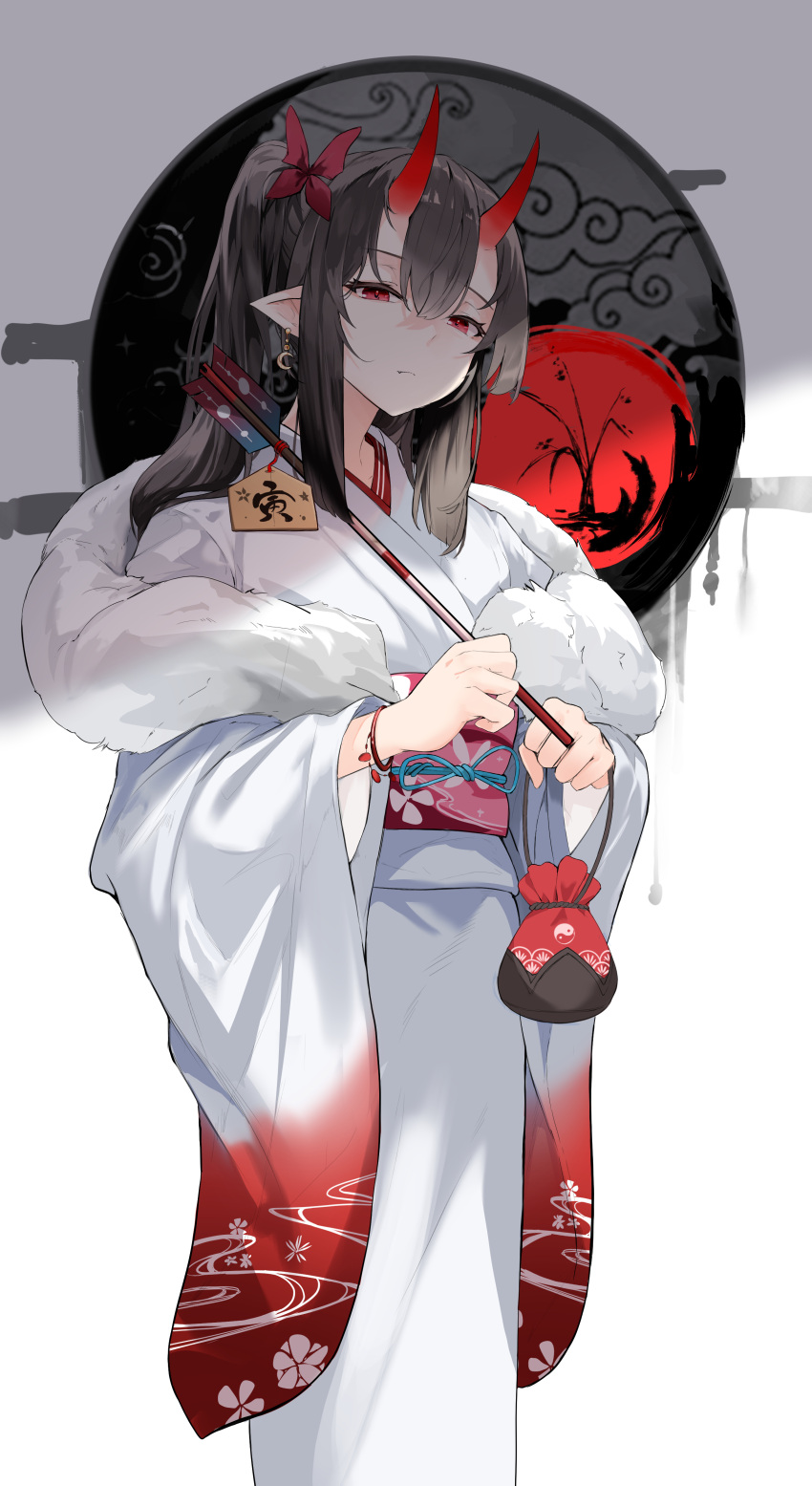 1girl absurdres arrow_(projectile) bangs black_hair bracelet chinese_zodiac clenched_hands closed_mouth commentary earrings ema expressionless eyebrows_visible_through_hair fang fang_out floral_print fur_trim gradient_kimono hair_between_eyes hair_ribbon half-closed_eyes happy_new_year highres holding holding_arrow holding_wallet horns japanese_clothes jewelry kimono kooemong long_hair long_sleeves looking_at_viewer new_year obi oni oni_horns original pointy_ears ponytail red_kimono red_ribbon ribbon sash sidelocks solo standing two-tone_kimono wallet white_kimono wide_sleeves women's_wallet year_of_the_tiger yin_yang yin_yang_print