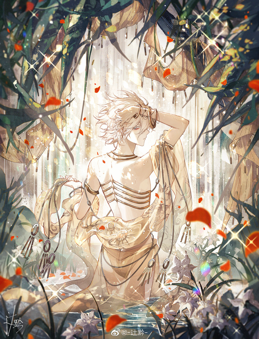 1boy behind_back bishounen blue_eyes bracelet clothed_bath fate/apocrypha fate/extella fate/extra fate/extra_ccc fate/grand_order fate_(series) floral_background flower highres jewelry karna_(fate) looking_at_viewer looking_back male_focus nature necklace outdoors pale_skin petals short_hair showering solo sqloveraven wading water white_hair