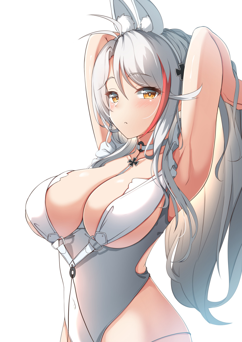 1girl absurdres animal_ear_fluff animal_ears antenna_hair armpits arms_behind_head arms_up azur_lane bangs bare_arms bare_shoulders braid breasts brown_eyes cleavage closed_mouth commentary_request cosplay covered_navel eyebrows_visible_through_hair fake_animal_ears hair_between_eyes hairband heart highres large_breasts le_malin_(azur_lane) le_malin_(listless_lapin)_(azur_lane) le_malin_(listless_lapin)_(azur_lane)_(cosplay) leotard long_hair looking_at_viewer moyoron multicolored_hair parted_bangs prinz_eugen_(azur_lane) rabbit_ears red_hair silver_hair simple_background solo streaked_hair very_long_hair white_background white_hairband white_leotard