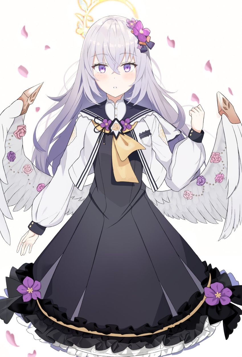 1girl angel_wings arm_up azusa_(blue_archive) bangs black_sailor_collar blue_archive cowboy_shot crossed_bangs dress feathered_wings flower frilled_dress frills hair_flower hair_ornament halo highres jacket long_hair long_sleeves looking_at_viewer neckerchief open_clothes open_jacket petals purple_eyes purple_flower sailor_collar silver_hair simple_background solo surrender white_background white_jacket white_wings wings yellow_neckerchief