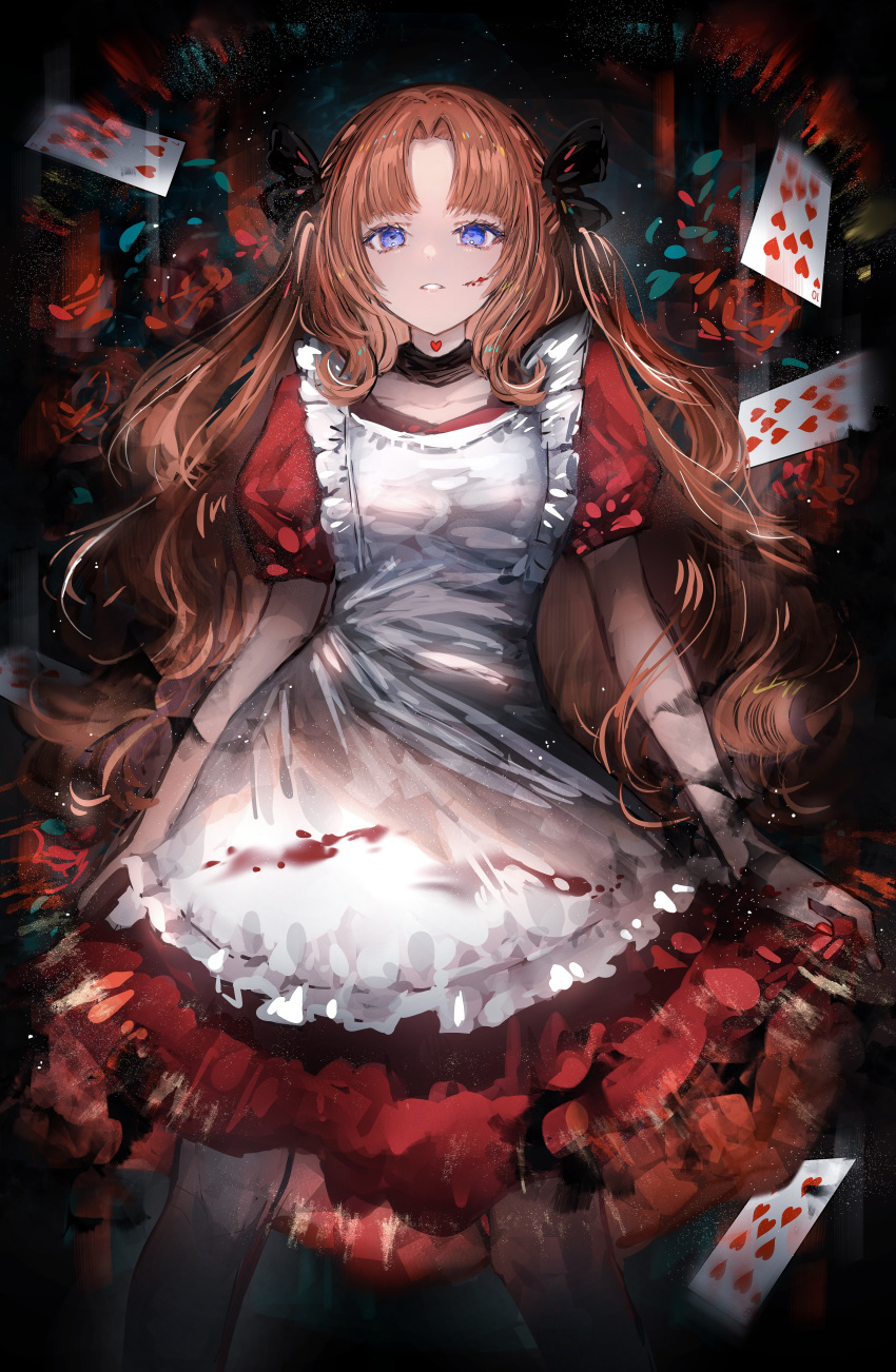 1girl absurdres apron arms_at_sides bangs black_choker blood blood_on_clothes blood_on_face blue_eyes card choker collar collarbone commentary_request cowboy_shot dark_background dress forehead frilled_apron frills highres legs_apart long_hair looking_at_viewer nanaponi orange_hair original parted_bangs parted_lips playing_card puffy_short_sleeves puffy_sleeves red_dress red_nails short_sleeves solo standing ten_of_hearts white_apron