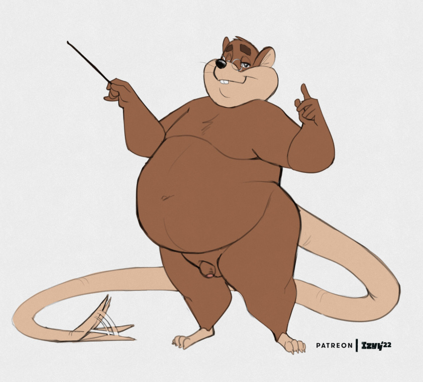 2022 anthro belly black_nose brown_body eyewear flaccid genitals glasses hi_res humanoid_hands izvy_(artist) male mammal moobs mr._plagait murid murine penis rat rodent simple_background small_penis solo