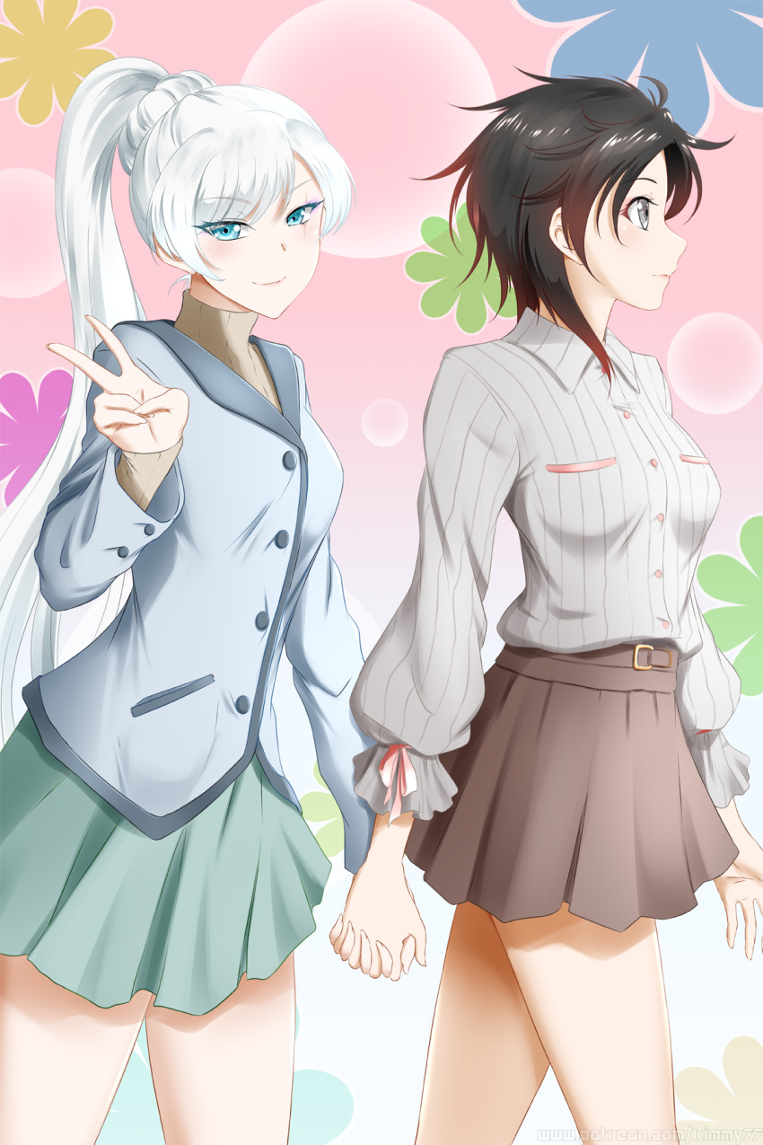 2girls bangs banned_artist beige_skirt black_hair blue_eyes blue_jacket breasts buttons closed_mouth english_commentary eyebrows_visible_through_hair green_skirt grey_eyes grey_shirt hand_up highres holding_hands jacket kimmy77 long_hair looking_ahead looking_at_viewer multicolored_background multicolored_hair multiple_girls pleated_skirt red_hair ruby_rose rwby scar scar_across_eye shirt short_hair side_ponytail skirt smile streaked_hair sweater swept_bangs turtleneck turtleneck_sweater v very_long_hair walking weiss_schnee white_hair yuri