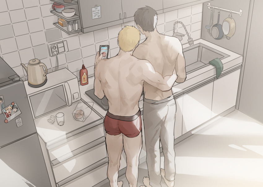 2boys arm_around_waist ass bertolt_hoover black_hair blonde_hair boxers contemporary couple cute_potato_(cute_potato_ner) from_above head_on_another's_shoulder height_difference highres holding holding_phone kitchen leaning_on_person male_focus male_underwear multiple_boys phone red_male_underwear reiner_braun shingeki_no_kyojin short_hair topless_male underwear underwear_only yaoi