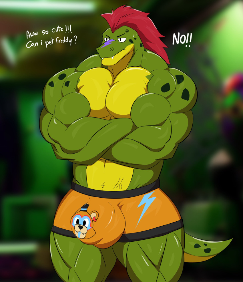 2022 alligator alligatorid anatake anthro biceps big_bulge big_muscles blurred_background bodily_fluids bulge clothing crocodilian cross-popping_vein crossed_arms detailed_bulge dialogue english_text eyebrows facial_markings five_nights_at_freddy's five_nights_at_freddy's:_security_breach frown genital_outline glamrock_freddy_(fnaf) hair head_markings hi_res huge_bulge huge_muscles inside male markings mohawk montgomery_gator_(fnaf) muscular muscular_anthro muscular_male narrowed_eyes navel pecs penis_outline quads reptile scalie scottgames solo standing sweat teeth text thick_thighs underwear vein video_games