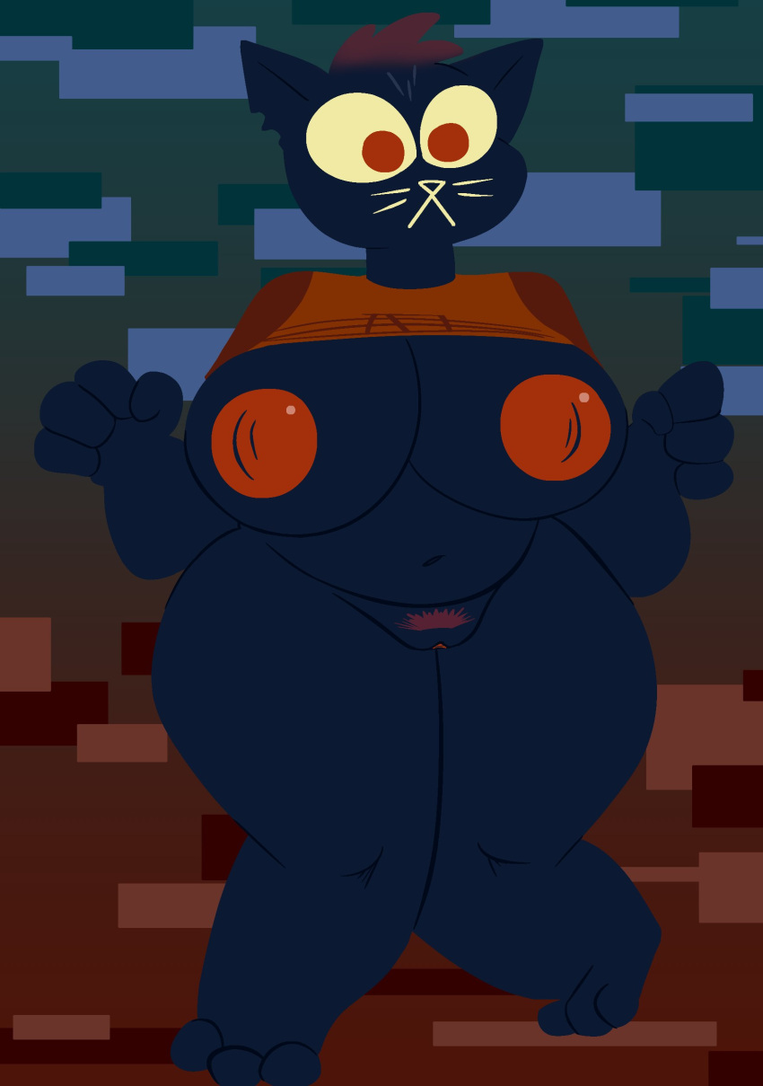 2021 abstract_background absurd_res anthro big_breasts blue_body bottomless bottomless_anthro bottomless_female breasts clothed clothing domestic_cat duskcy felid feline felis female front_view full-length_portrait genitals hi_res mae_borowski mammal night_in_the_woods portrait pubes pussy raised_clothing raised_shirt raised_topwear shirt slightly_chubby solo toony topwear video_games