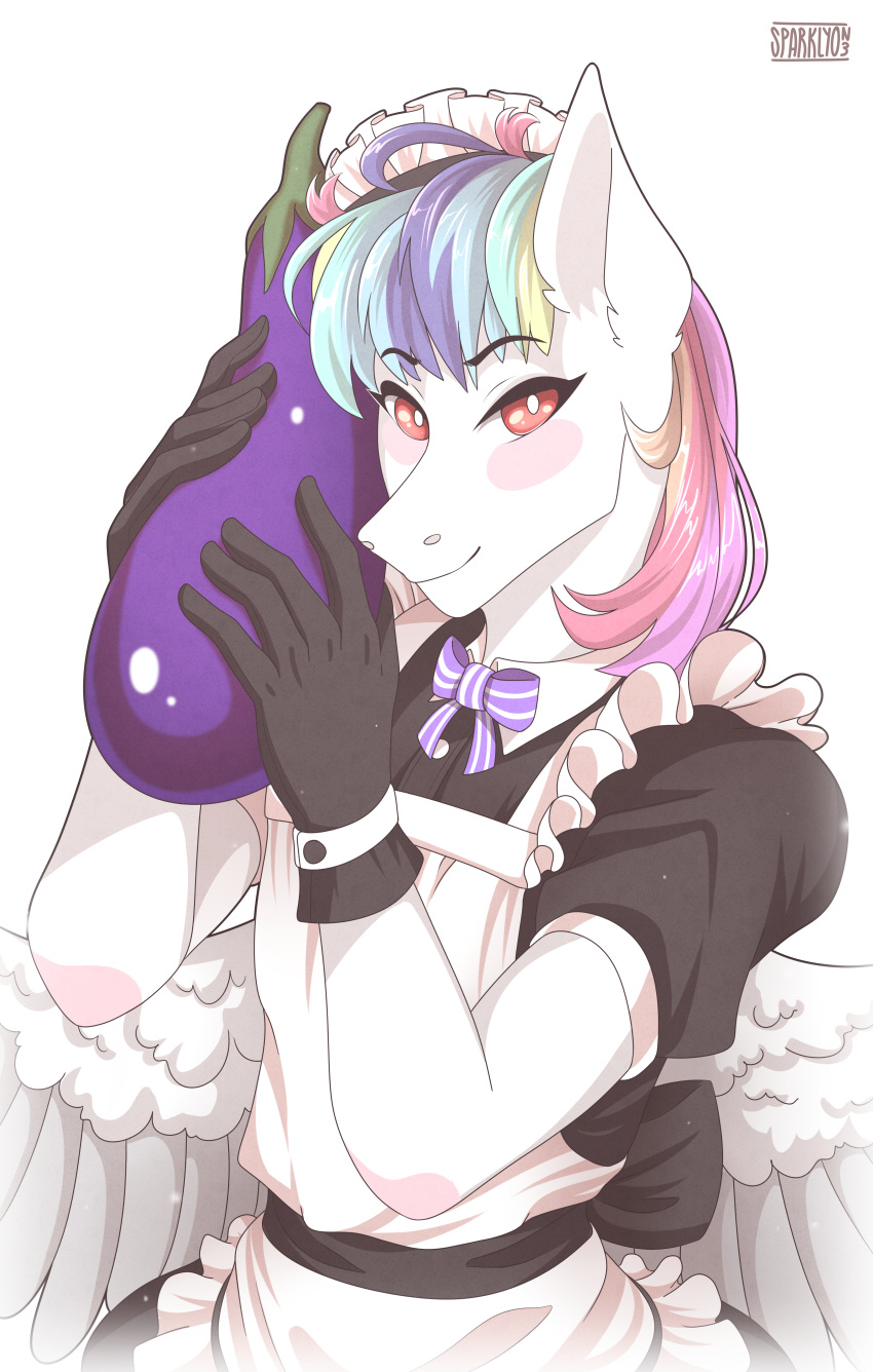 2020 absurd_res anthro blush clothed clothing crossdressing eggplant equid equine fan_character food fruit girly gloves hair handwear hasbro hi_res looking_at_viewer maid_apron maid_headdress maid_uniform male mammal multicolored_hair my_little_pony pegasus plant rainbow_hair red_eyes simple_background solo sparklyon3 uniform white_background white_body wings