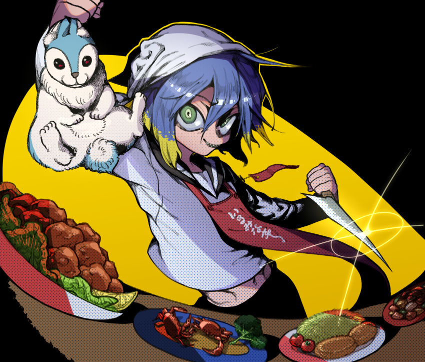 1boy 2ch_(/livejupiter/) bangs blonde_hair blue_hair bunny commentary_request cookie_(touhou) cowboy_shot crab croquette fisheye food glint green_eyes grin hair_between_eyes head_scarf highres holding holding_knife karaage kenma-kun knife lettuce long_sleeves male_focus multicolored_hair shiriri_(cookie) short_hair smile tag tomato toteraba two-tone_hair white_headwear white_serafuku