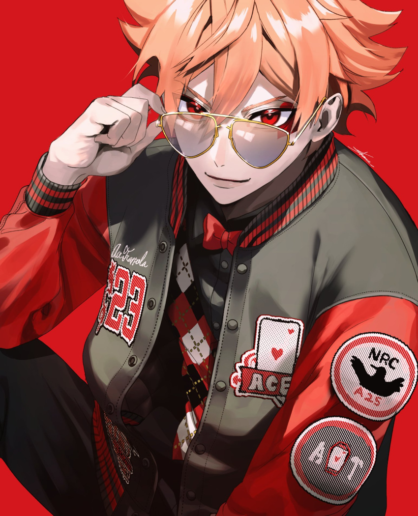 1boy ace_trappola argyle_vest aviator_sunglasses badge bishounen black_pants black_shirt bow bowtie collared_shirt facepaint hair_between_eyes hand_on_eyewear highres jacket knee_up letterman_jacket looking_at_viewer male_focus orange_hair pants patch red_eyes red_neckwear red_theme shirt shoco_(sco_labo) short_hair signature sitting slouching smile solo sunglasses twisted_wonderland upper_body