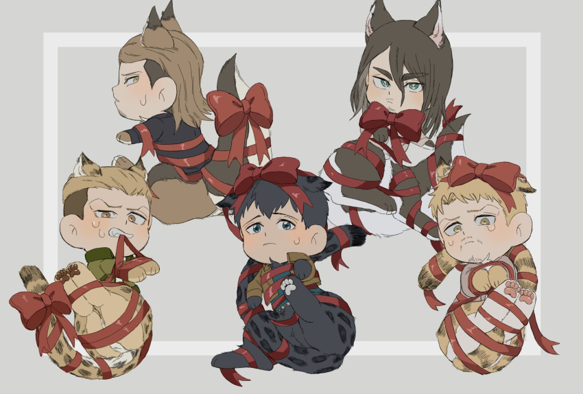 5boys animal_ears animal_feet animal_hands bertolt_hoover blonde_hair blush chibi dog_boy dog_ears dog_tail eren_yeager facial_hair gift_wrapping goatee highres jaguar_boy jaguar_ears jaguar_tail jean_kirchstein kemonomimi_mode long_hair male_focus multiple_boys older porco_galliard reiner_braun shingeki_no_kyojin short_hair sweatdrop tail tiger_boy tiger_ears tiger_tail zunkome