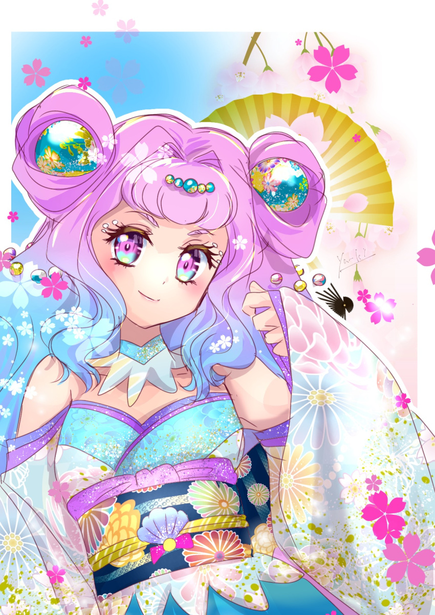 1girl blue_hair blush border closed_mouth cure_la_mer detached_sleeves gradient_hair hair_intakes highres long_hair long_sleeves looking_at_viewer makeup manekineko5319 mascara multicolored_hair outline outside_border pink_eyes pink_hair precure shiny shiny_hair smile solo strapless tropical-rouge!_precure white_border wide_sleeves