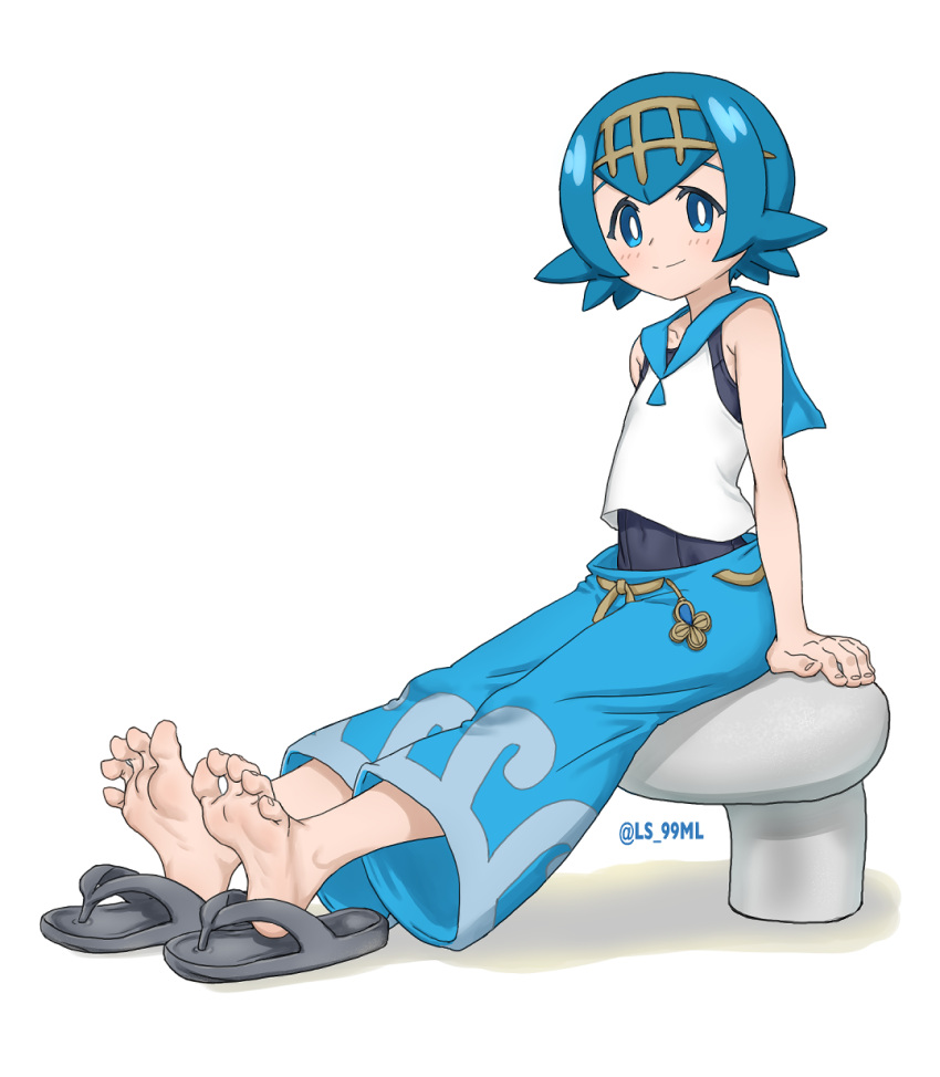 1girl arm_support barefoot blue_eyes blue_hair blue_pants blue_sailor_collar bright_pupils capri_pants closed_mouth commentary_request covered_navel flip-flops freckles full_body hairband highres lana_(pokemon) no_sclera one-piece_swimsuit pants pokemon pokemon_(anime) pokemon_sm_(anime) sailor_collar sandals sandals_removed shirt short_hair sleeveless sleeveless_shirt smile soles solo split_mouth swimsuit swimsuit_under_clothes toes tsukimaru_(ls_99ml) twitter_username wave_print white_background white_pupils white_shirt yellow_hairband