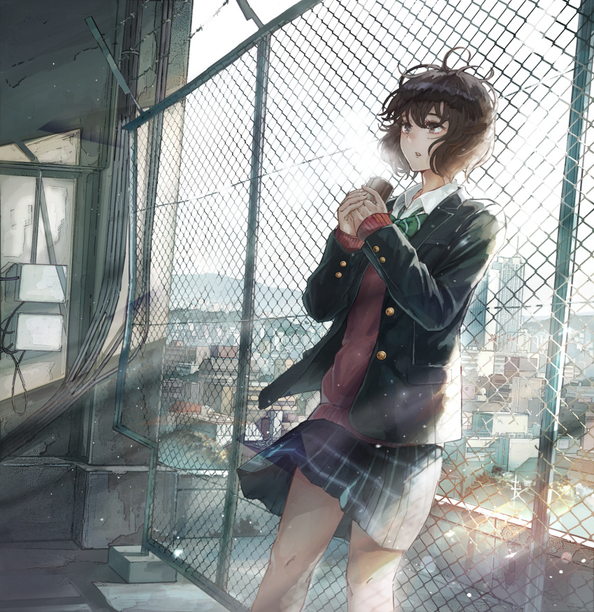 1girl black_jacket bow bowtie brown_hair can canned_coffee chain-link_fence day fence fusebox green_bow green_bowtie highres jacket open_mouth original plaid plaid_skirt sakura_inu_(itoyatomo) school_uniform short_hair skirt skyline standing sunlight visible_air