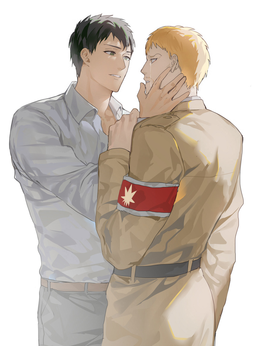 2boys alternate_universe arm_grab armband bertolt_hoover black_eyes black_hair blonde_hair collared_shirt couple crying crying_with_eyes_open cute_potato_(cute_potato_ner) eye_contact facial_hair feet_out_of_frame from_side goatee hand_on_another's_face highres looking_at_another male_focus marley_military_uniform multiple_boys reiner_braun shingeki_no_kyojin shirt short_hair tears white_background yaoi