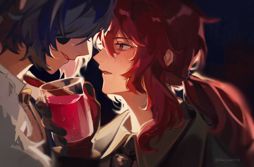 2boys alcohol black_background black_eyepatch black_gloves blush collared_shirt cup diluc_(genshin_impact) eyepatch from_side fur_collar genshin_impact glass gloves grin hair_over_one_eye haiyan331 highres holding holding_cup jacket kaeya_(genshin_impact) long_hair looking_at_another low_tied_hair multiple_boys necktie open_mouth red_eyes red_hair shirt smile twitter_username yaoi