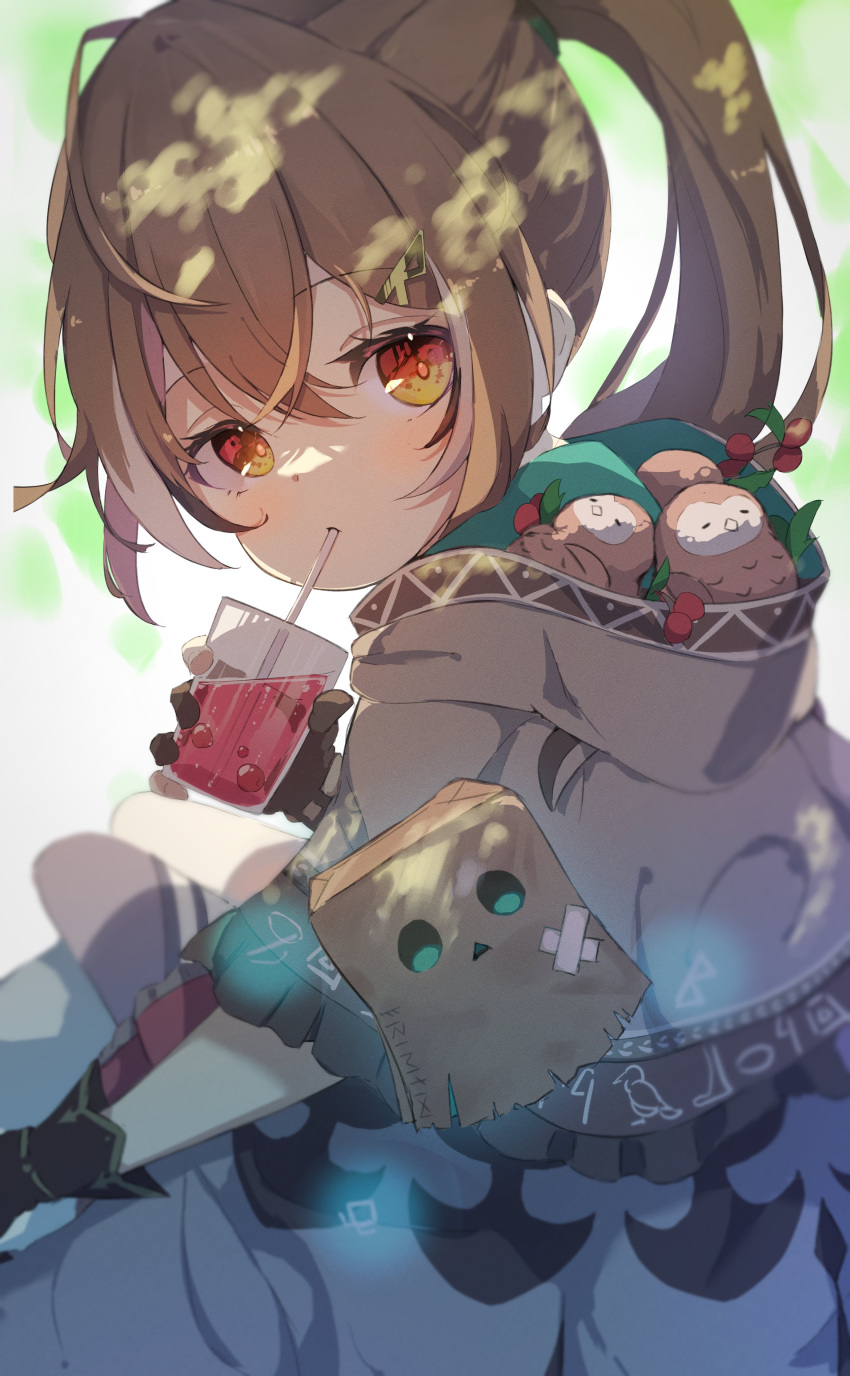 1girl absurdres ahoge berry bird blurry blush brown_cape brown_capelet brown_cloak brown_eyes brown_hair cape capelet cloak cup dappled_sunlight depth_of_field drinking_straw friend_(nanashi_mumei) gloves hair_ornament hairclip haru_(watari0131) hieroglyphics highres hololive hololive_english hood juice leaf multicolored_hair nanashi_mumei owl partially_fingerless_gloves ponytail runes streaked_hair sunlight thigh_strap thighhighs tree_shade virtual_youtuber