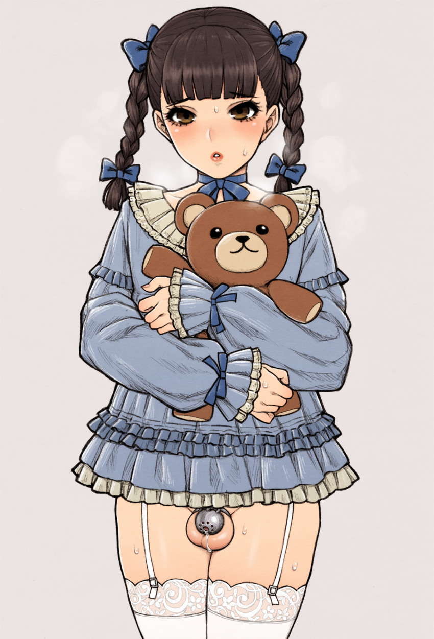 1boy bangs black_hair blunt_bangs blush braid brown_eyes chastity_belt choker crossdressing garter_straps highres looking_at_viewer male_focus original otoko_no_ko parted_lips precum sleeves_past_wrists solo stuffed_animal stuffed_toy sweat teddy_bear testicles thighhighs twin_braids wataya_2 white_legwear