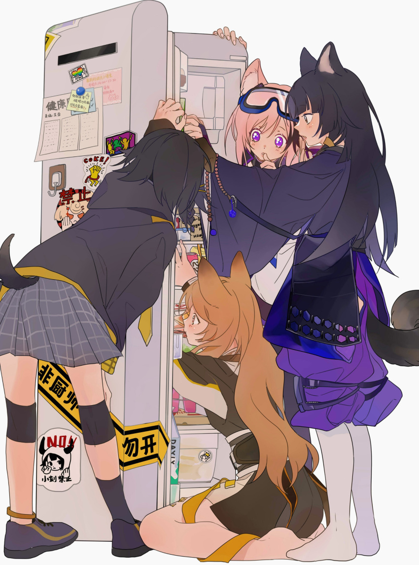 4girls absurdres animal_ears arknights bare_legs barefoot beads black_footwear black_hair black_jacket black_kimono blush braid brown_eyes brown_hair cardigan_(arknights) ceobe_(arknights) dog_ears dog_girl dog_tail eating finger_to_mouth full_body goggles goggles_on_head grey_skirt gummy_(arknights) highres hood hooded_jacket jacket jackie_(arknights) japanese_clothes kimono knee_pads latutou1 leaning_forward long_hair long_sleeves miniskirt multiple_girls no_shoes oripathy_lesion_(arknights) pants pantyhose parted_lips pink_hair prayer_beads purple_eyes purple_pants refrigerator saga_(arknights) short_hair side_braid simple_background sitting skirt standing tail tail_through_clothes trait_connection very_long_hair vulcan_(arknights) white_background white_legwear wide_sleeves
