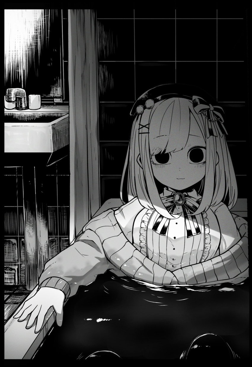 1girl bangs bathroom beret bow bowtie brooch cardigan closed_mouth collared_shirt greyscale hair_bow hair_ornament hat hatyuuruinohito highres horror_(theme) jewelry light_smile long_sleeves looking_at_viewer monochrome nijisanji partially_submerged shirt sink solo suzuhara_lulu virtual_youtuber water x_hair_ornament