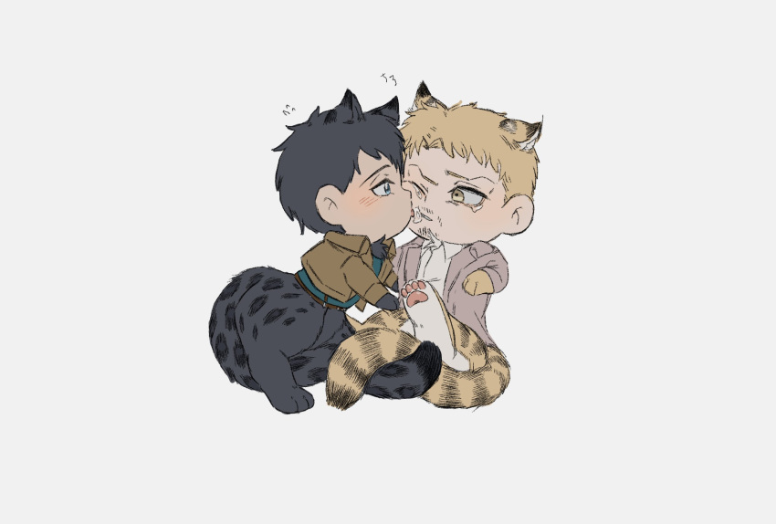 2boys animal_ears animal_feet animal_hands bertolt_hoover blonde_hair blush cheek_press chibi facial_hair goatee highres jaguar_boy jaguar_ears jaguar_tail kemonomimi_mode kiss kissing_cheek marley_military_uniform multiple_boys paradis_military_uniform reiner_braun shingeki_no_kyojin short_hair tail tails_touching tiger_boy tiger_ears tiger_tail yaoi zunkome