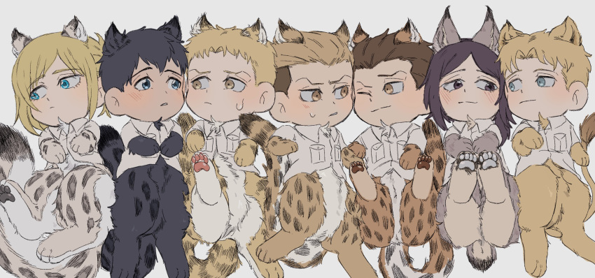 2girls 5boys :o animal_ears animal_feet animal_hands annie_leonhardt bertolt_hoover black_fur black_hair blonde_hair blush brothers brown_fur character_request cheek-to-cheek chibi green_eyes heads_together highres jaguar_boy jaguar_ears jaguar_girl jaguar_tail legs_up lion_boy lion_ears lion_tail marcel_galliard marley_military_uniform multiple_boys multiple_girls pieck_finger porco_galliard reiner_braun shingeki_no_kyojin short_hair siblings smile tail tiger_boy tiger_ears tiger_tail younger zeke_yeager zunkome