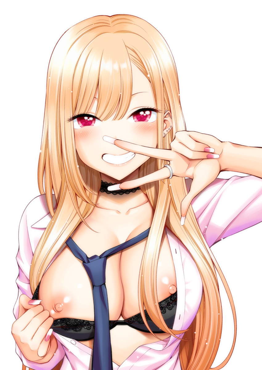 1girl bangs barbell_piercing black_bra black_choker blonde_hair blue_necktie blush bra breasts breasts_out choker cleavage collarbone collared_shirt dress_shirt ear_piercing earrings grin gyaru highres jewelry kitagawa_marin lace lace-trimmed_bra lace_choker lace_trim large_breasts long_hair looking_at_viewer multicolored_hair nail_polish necklace necktie nipples open_clothes open_shirt piercing pink_nails pink_shirt red_eyes ring shirt simple_background smile solo sono_bisque_doll_wa_koi_wo_suru streaked_hair swept_bangs underwear upper_body very_long_hair w_over_eye white_background yahiro_pochi