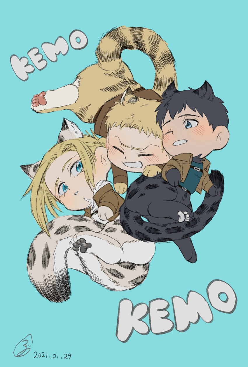 1girl 2boys animal_ears animal_feet animal_hands annie_leonhardt bertolt_hoover black_fur black_hair blonde_hair blush chibi full_body highres jacket jaguar_boy jaguar_ears jaguar_girl jaguar_tail kemonomimi_mode leather leather_jacket multiple_boys paradis_military_uniform reiner_braun shingeki_no_kyojin short_hair sidelocks smile tail tiger_boy tiger_ears tiger_tail yellow_fur zunkome