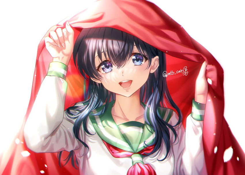 1girl :d bangs black_hair blue_eyes borrowed_garments hands_up happy higurashi_kagome holding holding_clothes improvised_umbrella inuyasha light_particles lipgloss long_hair long_sleeves motobi_(mtb_umk) neckerchief red_neckerchief school_uniform serafuku simple_background smile solo sunlight upper_body white_background