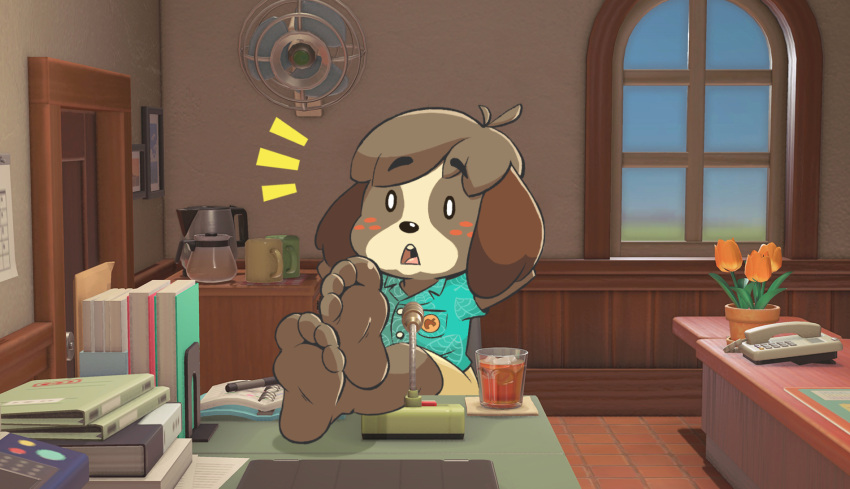 2021 4_toes accessory animal_crossing anthro barefoot beverage book brown_body brown_fur brown_hair canid canine canis chair clothing container cup desk detailed_background digby_(animal_crossing) domestic_dog feet feet_up floppy_ears foot_focus fur furniture hair hi_res hotbrotkuroi humanoid_feet male mammal nintendo open_mouth open_smile plant sitting smile soles solo surprise table toes video_games window