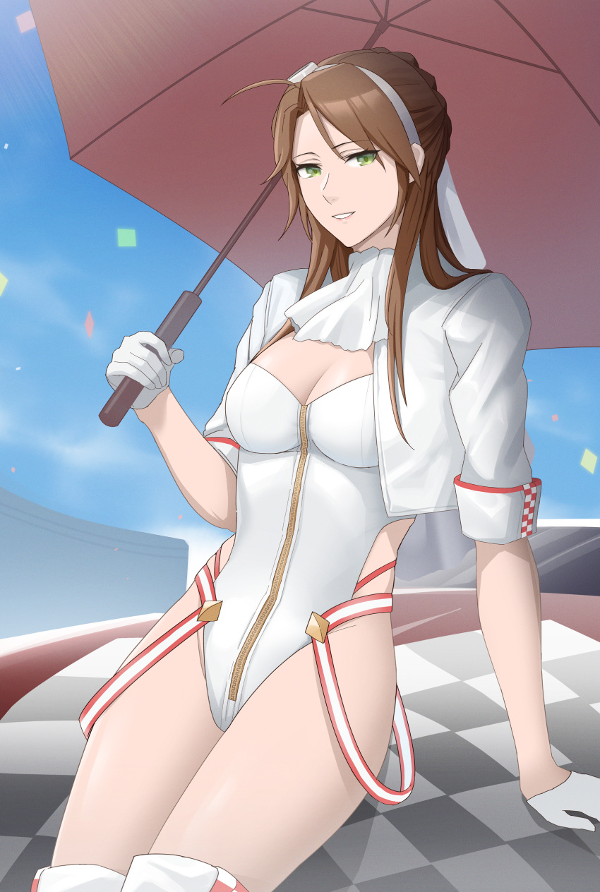 1girl absurdres braid brown_hair checkered commission cowboy_shot cropped_jacket french_braid girls'_frontline gloves green_eyes hairband highleg highleg_leotard highres homomomomon jacket lee-enfield_(girls'_frontline) leotard long_hair looking_at_viewer race_queen solo umbrella white_gloves white_hairband white_jacket white_leotard white_umbrella