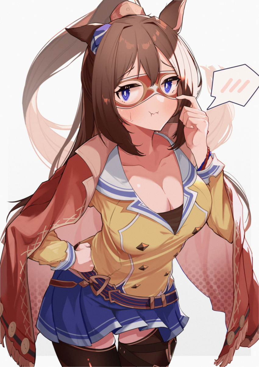 1girl :i absurdres animal_ears black_legwear blue_eyes blue_scrunchie blue_skirt breasts brown_hair cape cleavage collarbone domino_mask ear_scrunchie el_condor_pasa_(umamusume) eye_mask hand_on_hip highres horse_ears horse_girl large_breasts long_hair looking_at_viewer luchador mask pink_cape ponytail red_cape red_mask sansai_soba scrunchie shirt skirt solo thighhighs umamusume yellow_shirt zettai_ryouiki