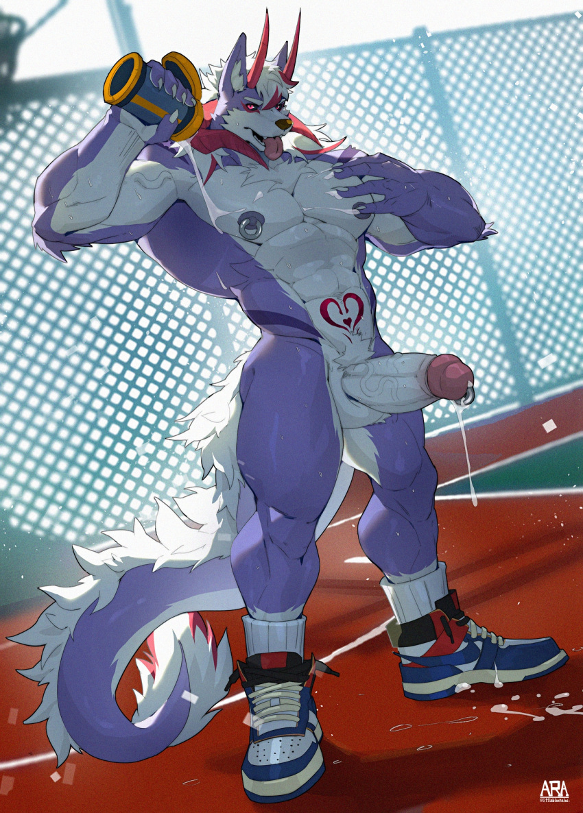 anthro barazoku basketball_court beverage big_muscles black_sclera bodily_fluids chest_tuft claws clothing cum cum_drip cum_on_clothing cum_on_footwear dragon dripping erection footwear footwear_only fur furred_dragon genital_fluids genital_piercing genitals hair hi_res horn humanoid_genitalia humanoid_penis littleblackalas male markings mostly_nude multicolored_body multicolored_hair muscular nipple_piercing nipples open_mouth outside penis penis_piercing piercing pink_eyes pouring purple_body purple_fur shoes sneakers socks solo tongue tongue_out touching_chest tuft two_tone_hair vein veiny_muscles veiny_penis white_body white_fur