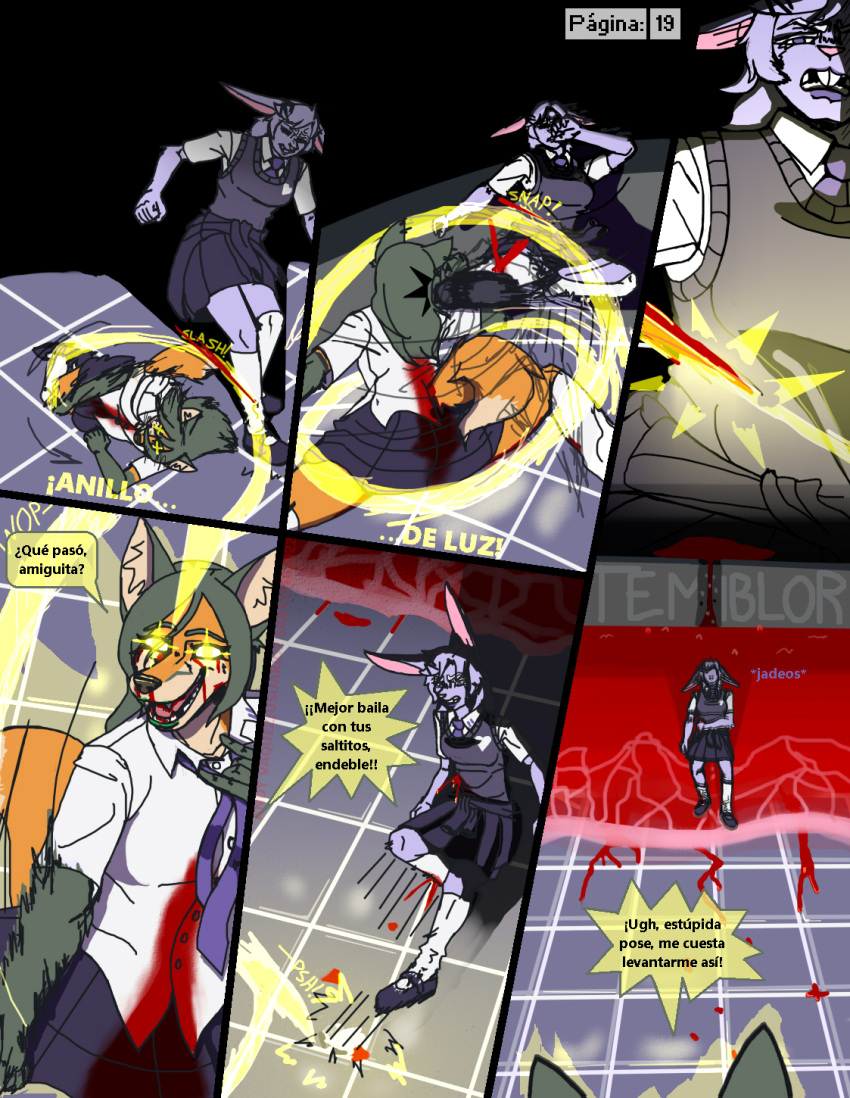 adriana_(usuario2) anthro battle blood blood_from_wound bodily_fluids bottomwear canid canine clothing clothing_around_waist comic detailed_background duo female fight fox fur glowing glowing_eyes green_body green_fur green_hair hair hi_res lagomorph leporid loose_tie mammal multicolored_body multicolored_fur orange_body orange_fur purple_body purple_eyes purple_fur rabbit school_uniform skirt spanish_text tan_body tan_fur text translation_check translation_request uniform usuario2_(artist) victoria_violeta_(usuario2) wounded yellow_eyes