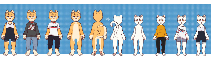 absurd_res anthro canid canine canis clothed clothing cody_abtrack collar cooper_dewight curled_tail domestic_cat domestic_dog duo featureless_crotch felid feline felis fur hair heterochromia hi_res looking_at_viewer male mammal model_sheet orange_body orange_fur pawpads paws rear_view shiba_inu simple_background spitz spotid standing sweater topwear white_body white_fur young