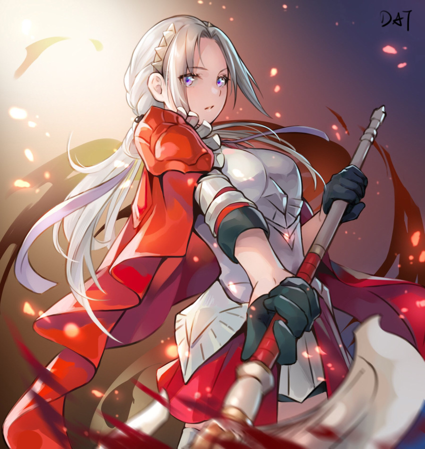1girl armor axe black_gloves breastplate cape commentary cowboy_shot da-cart edelgard_von_hresvelg fire_emblem fire_emblem:_three_houses fire_emblem_warriors:_three_hopes forehead gloves hairband highres holding holding_axe holding_weapon long_hair looking_at_viewer purple_eyes red_cape red_skirt silver_hair skirt solo standing weapon